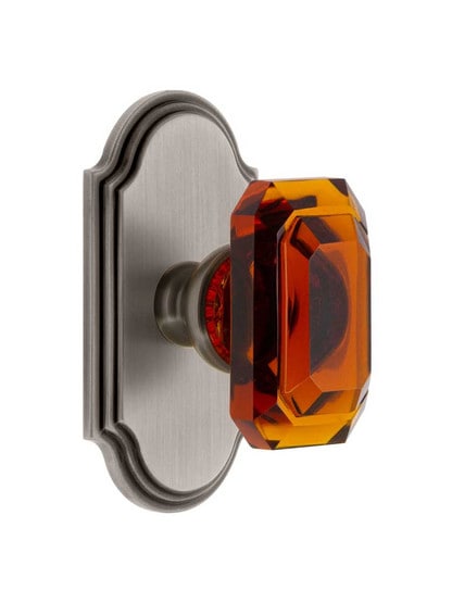 Grandeur Arc Rosette Door Set with Amber Crystal-Glass Baguette Knobs in Antique Pewter.